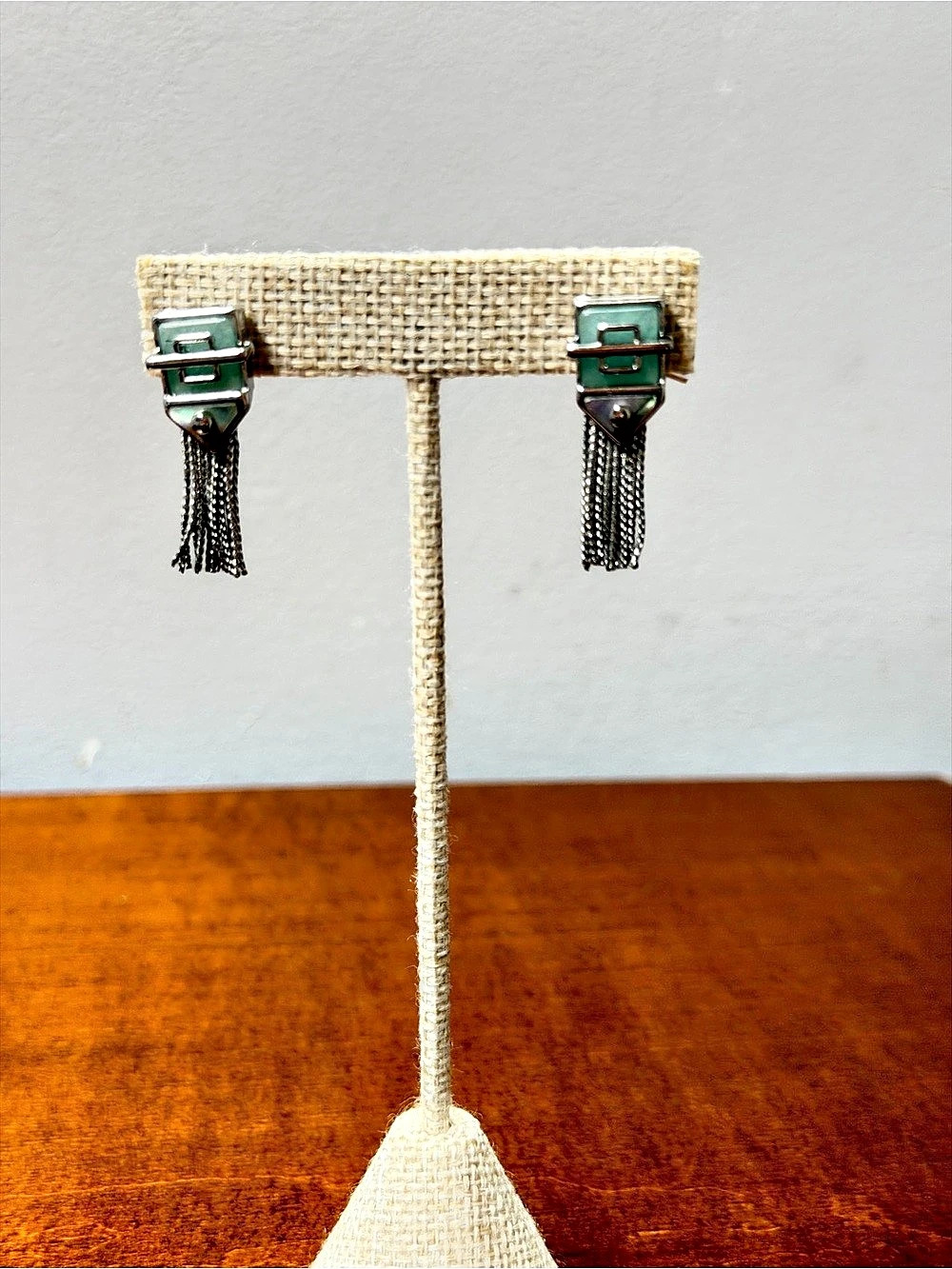 Statement Fringe Earrings in Silver & Green Like New